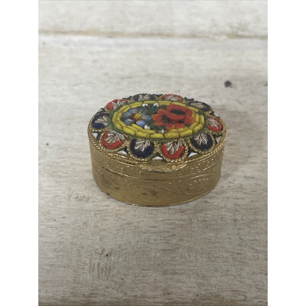 VTG  Italian Micro Mosaic Floral Brass Pill Box - Marked "Italy" Fast Ship